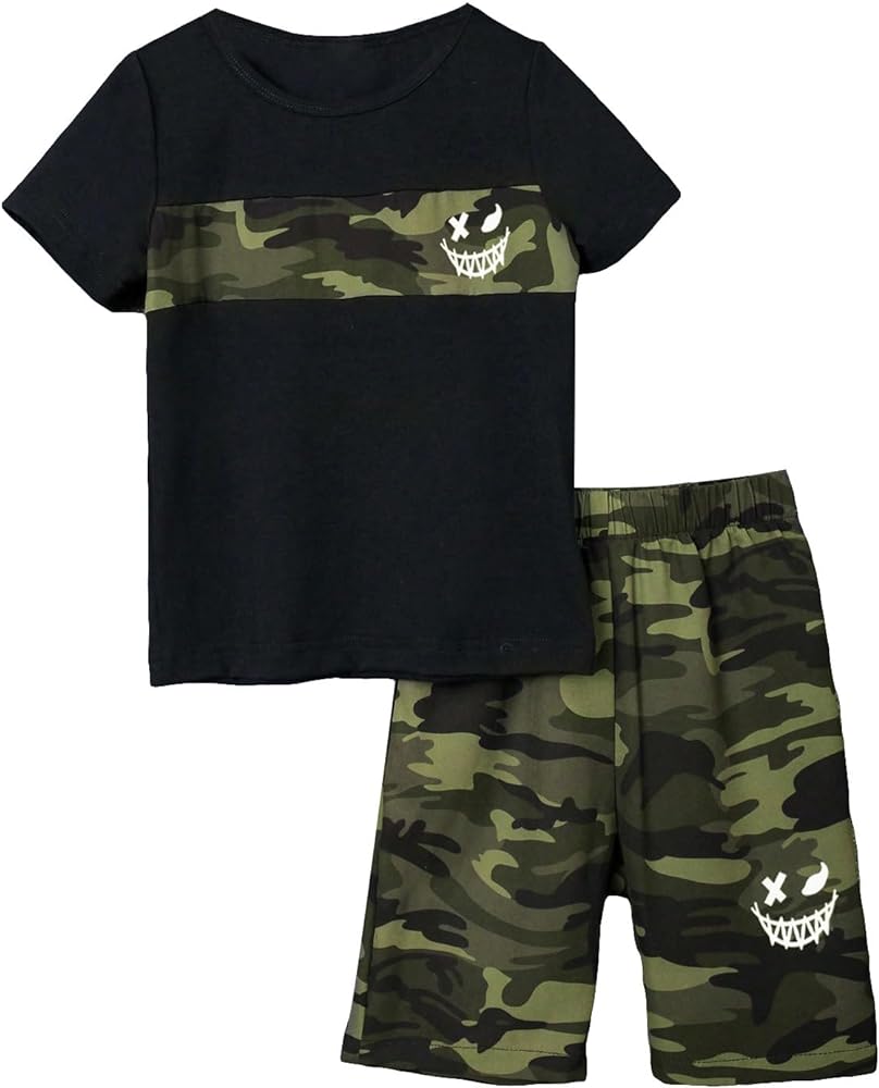 GORGLITTER Boy's 2 Piece Outfits Graphic Print Short Sleeve T Shirt with Camo Shorts Clothing Set