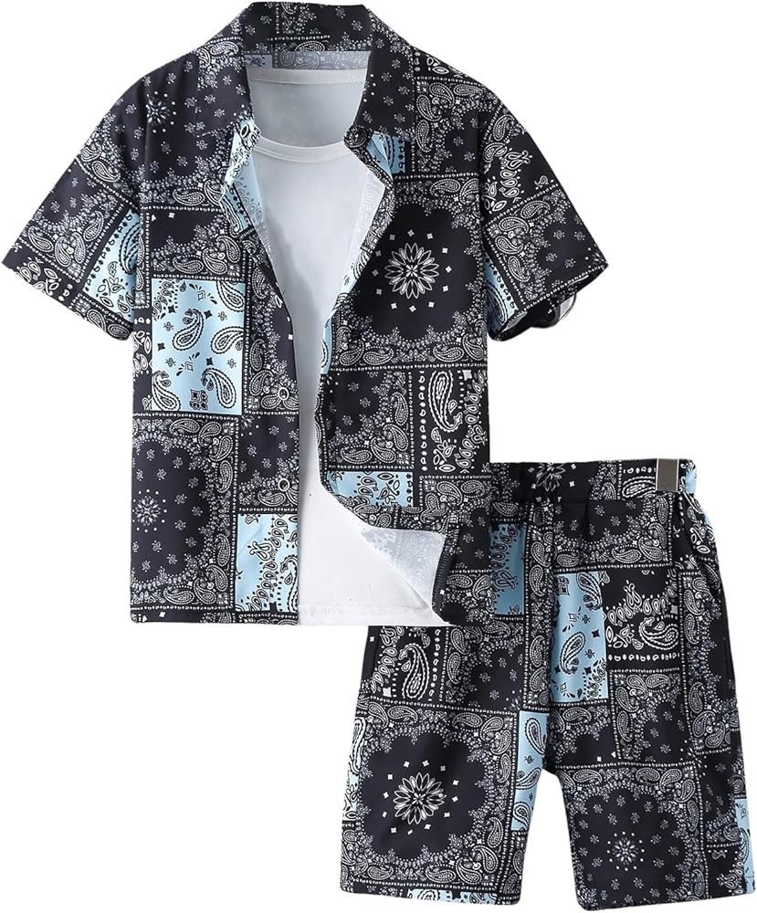 Floerns Boy's 2 Piece Outfits Hawaiian Paisley Print Shirts with Shorts Set