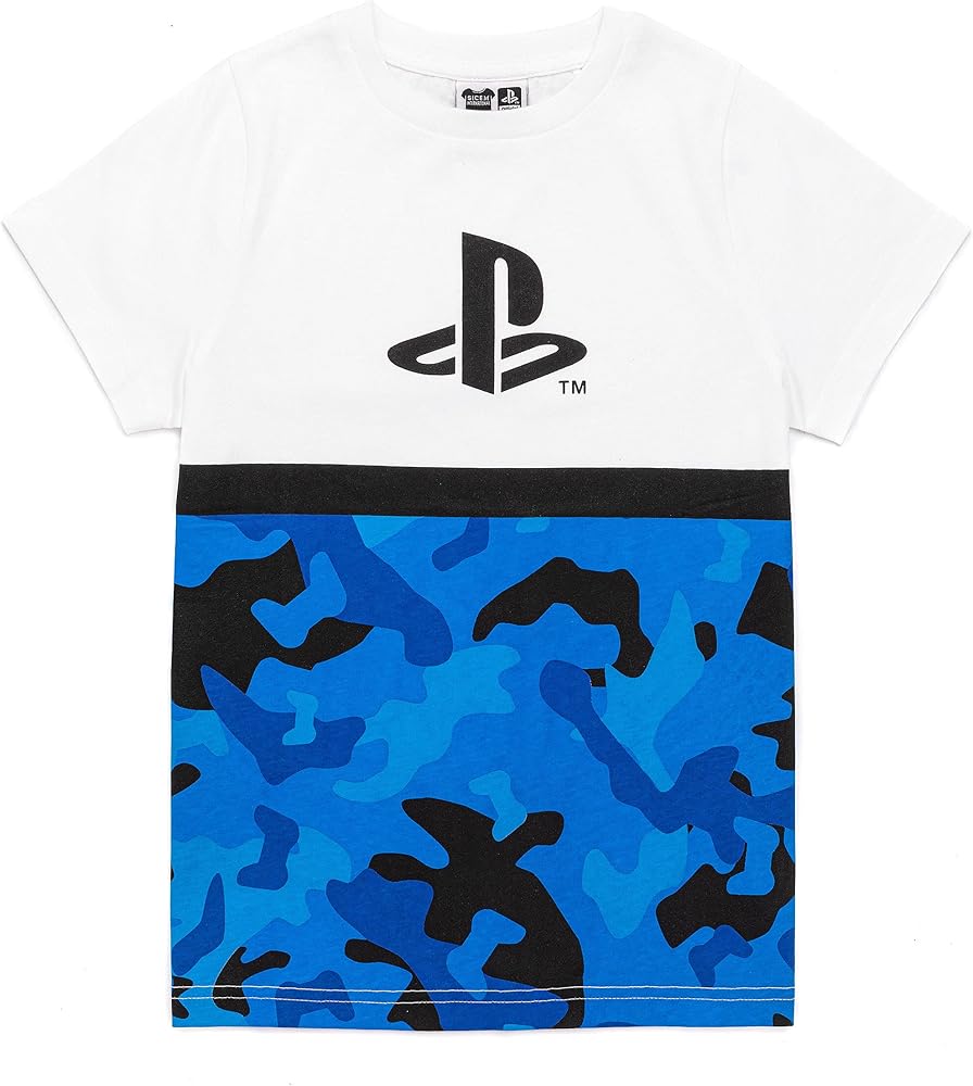 PlayStation Kids T-Shirt Camo Boys Blue White Logo Game Short Sleeve Top