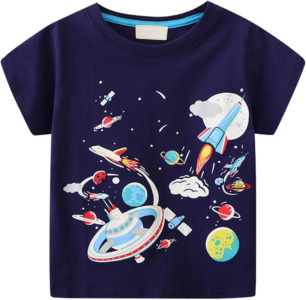 Toddler Baby Boys Soft Cotton Short Sleeved T Shirt Astronaut Graphic Crewneck Tee Tops Casual Kids White T Shirt