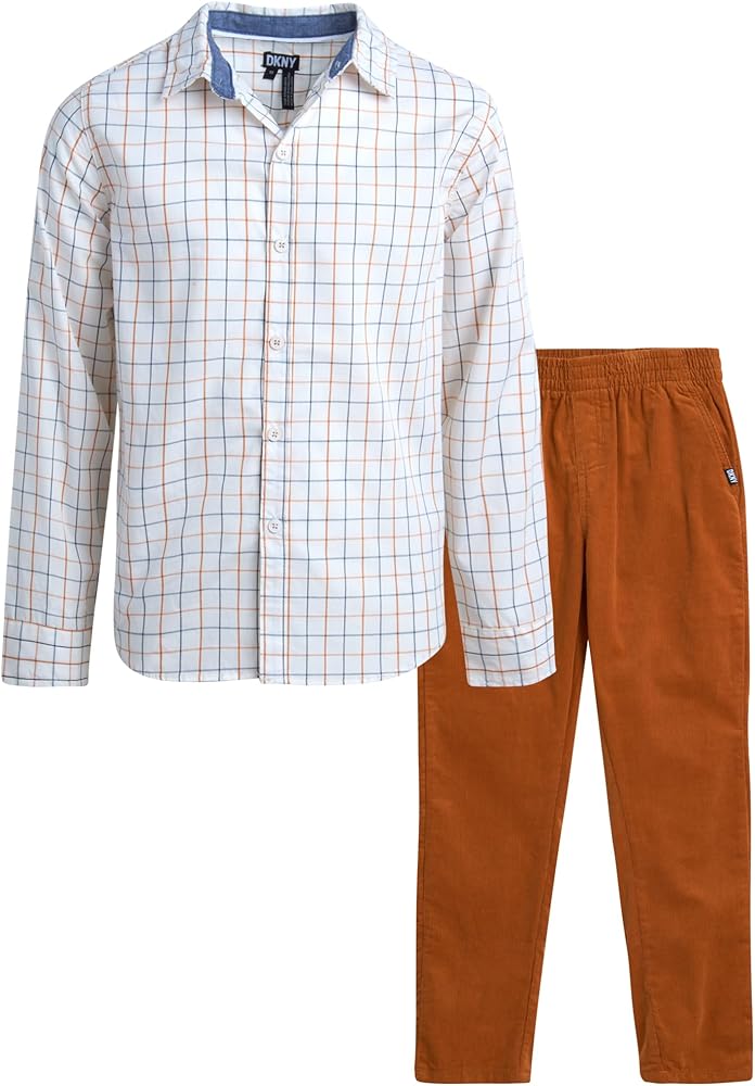 DKNY Boys' Shirt - 2 Piece Woven Button Down Shirt and Corduroy Pants - Matching Casual Outfit Clothing Set for Boys (4-12)