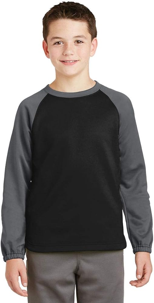 SPORT-TEK Boys' Sport-Wick Raglan Colorblock Fleece Crewneck YST242 Black/Dark Smoke Grey Small