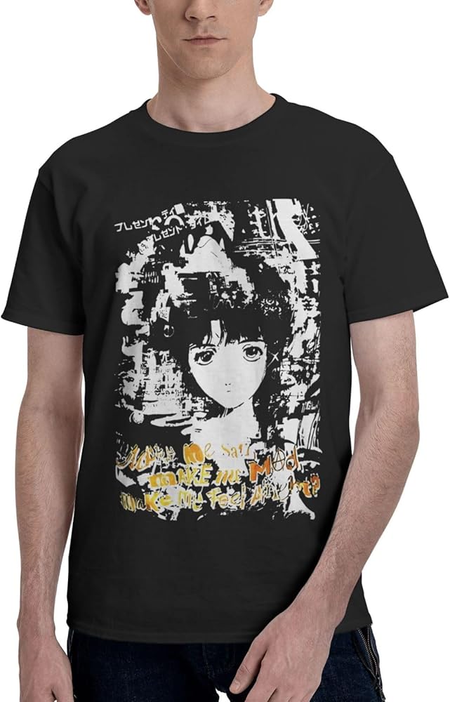 Anime T Shirts Serial Experiments Lain Boy's Summer Cotton Tee Crew Neck Short Sleeve Shirts Black