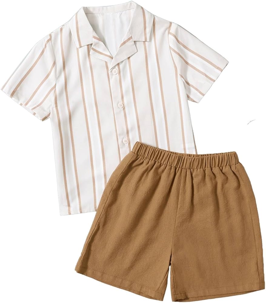 Verdusa Boy's 2 Piece Outfits Striped Button Up Collar Shirt Top and Shorts Sets