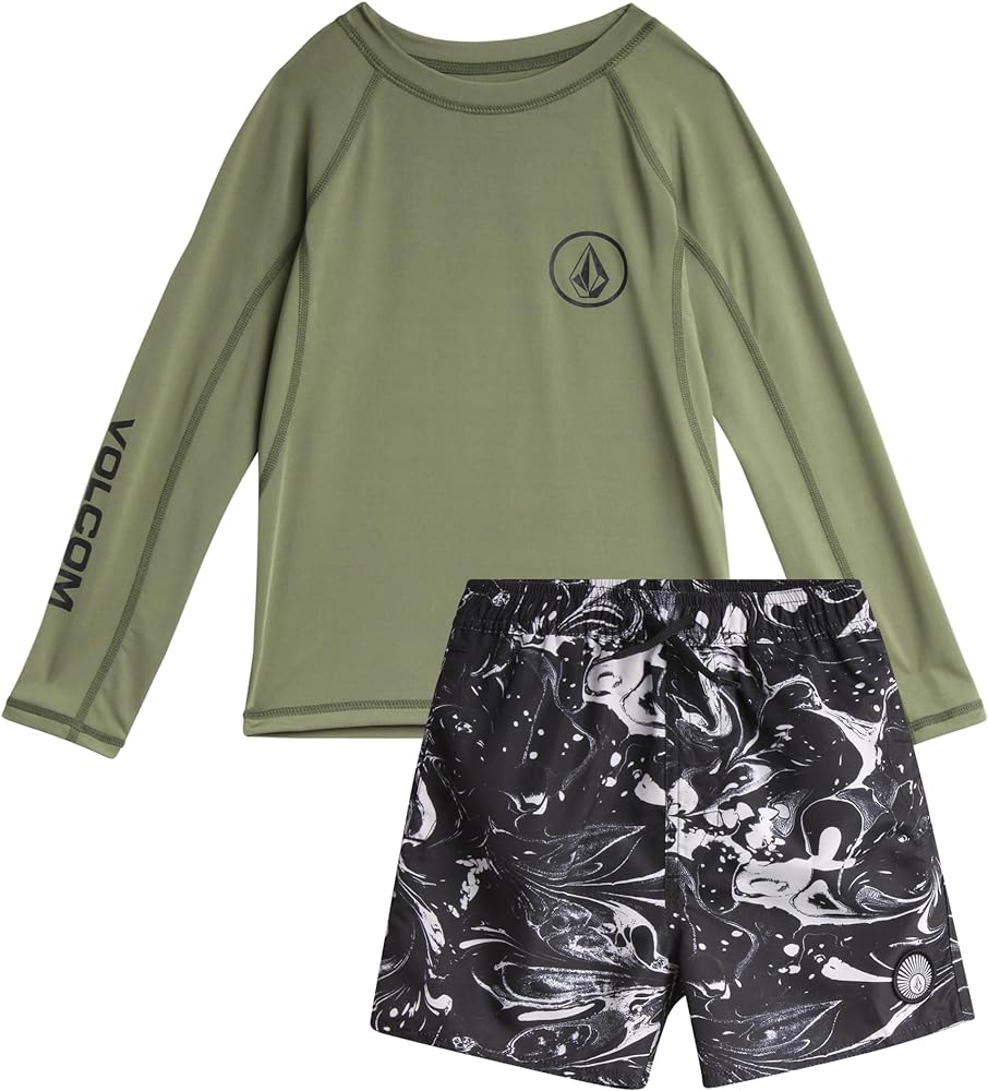 Volcom Boys' Rash Guard Set - 2 Piece UPF 50+ Long Sleeve Swim Shirt and Bathing Suit Trunks - Swimwear Set for Boys (2T-7)