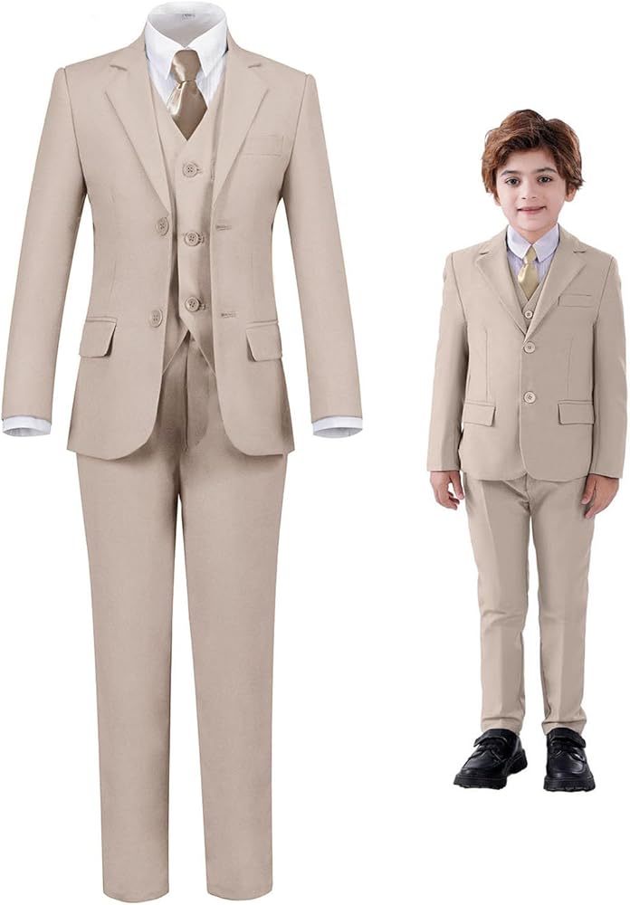 Boys' Suits Slim Fit, Boys Formal Suit Set, Dresswear Ring Bearer Outfit Kids Wedding Dress Clothes, Boys Tuxedo Suit Champagne 5PC Size 6