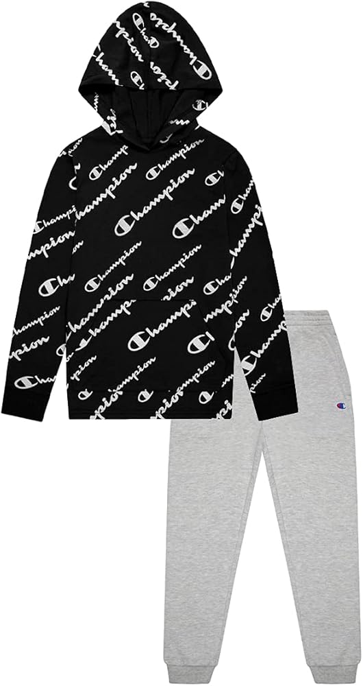 Champion Kids Boys Long Sleeve Hooded and Crew Neck Tee Shirt and Fleece Jogger Sweatpant 2 Piece Set Kids Clothes (18 Months, Black/Oxford Heather Aop Script)