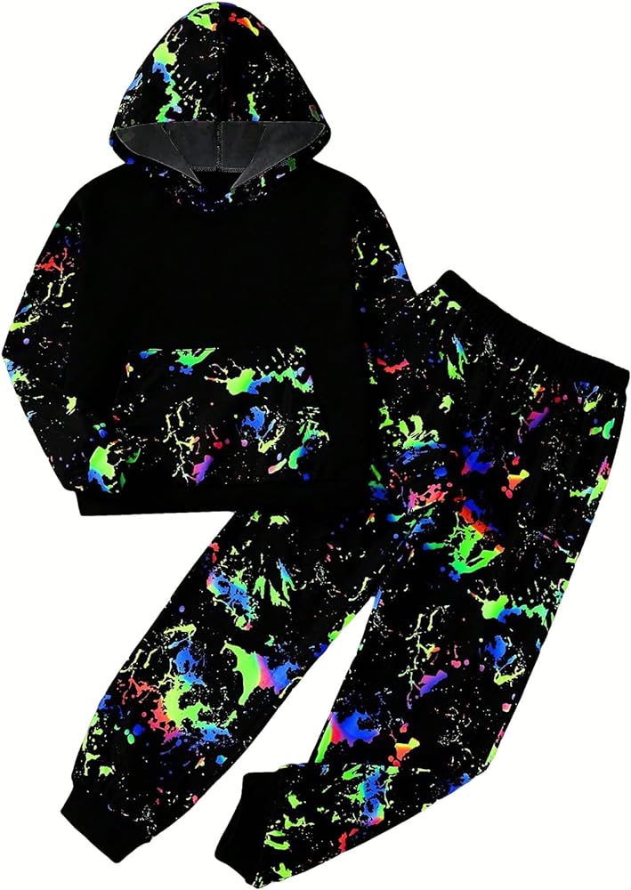 Boy's 2 Piece Reflective Splash Ink Print Long Sleeve Hoodie Sweatshirts and Sweatpants Set