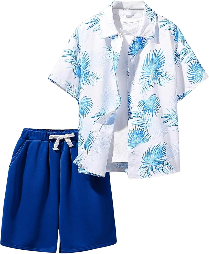 Verdusa Boy's 2 Piece Outfits Button Front Shirts and Drawstring Shorts Set