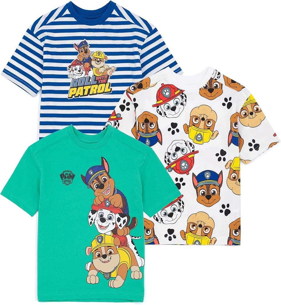 Paw Patrol Boys 3 Pack T-Shirt Set | Kids Rubble, Chase & Marshall Complete Tee Bundle | Blue, Green & White Top Collection