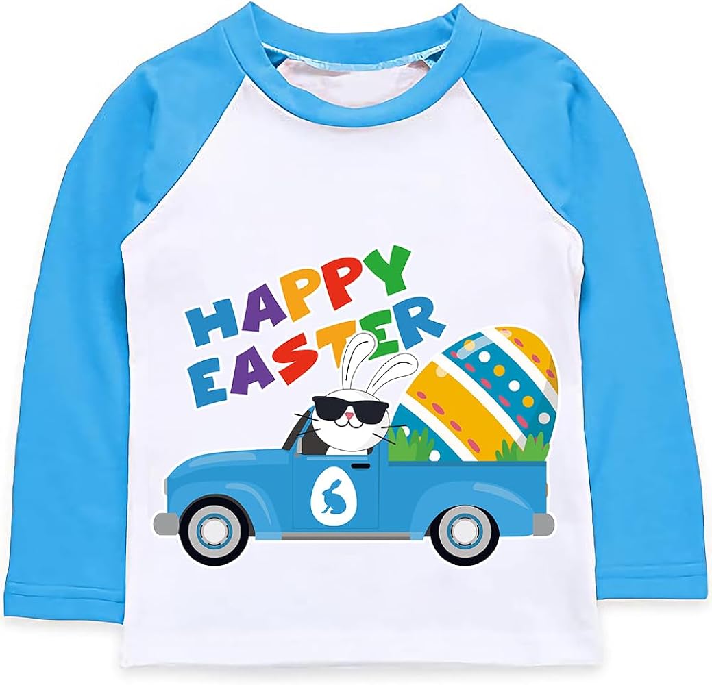 Boys Easter Day T-Shirt Long Sleeves Raglan Kids Happy Easter Egg Rabbit Truck Bunny Train Chick Top Clothes 2-7 Years