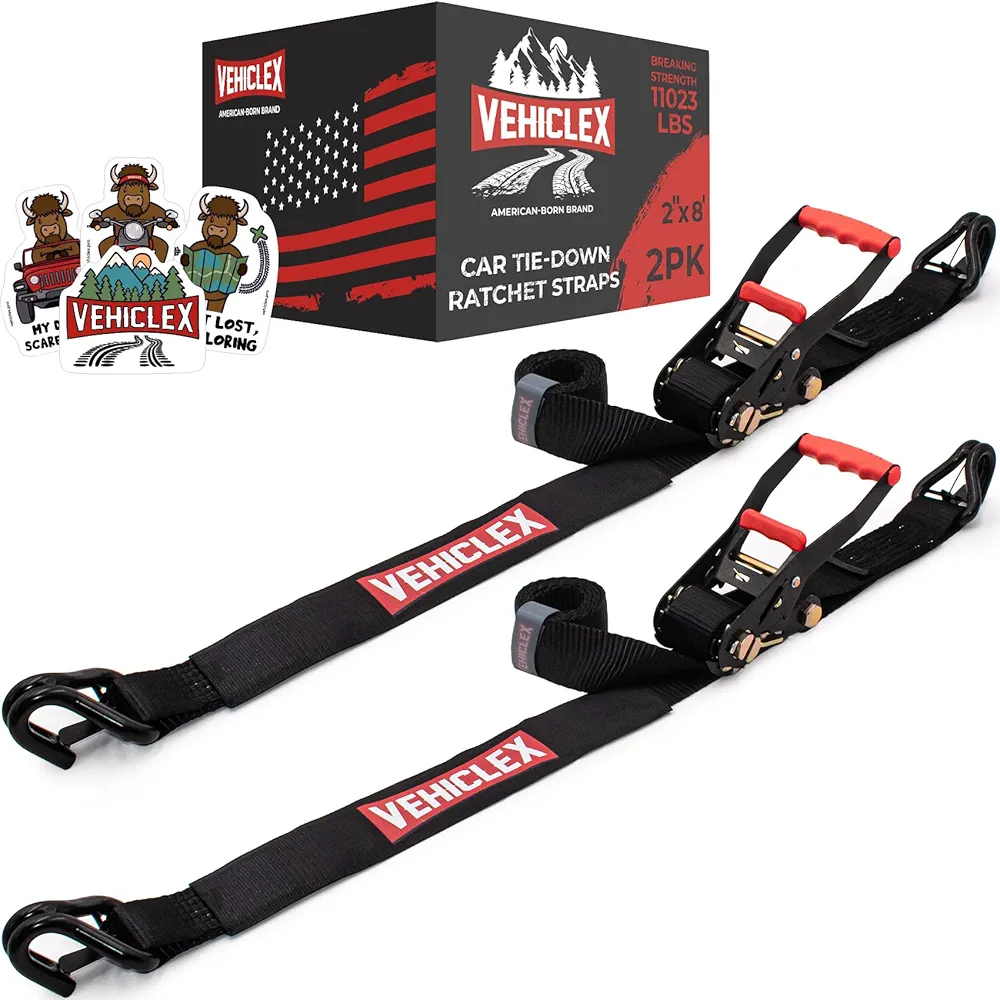 Vehiclex Heavy Duty Car Tie Down Straps (2PK) with Double J-Hooks and Ratchet – 2" x 8ft Car Hauling Straps for Trailers – 11000 lb Breaking Strength