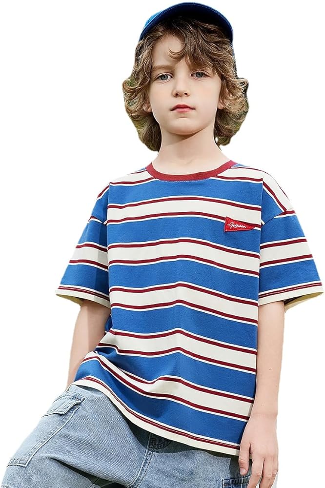 Kids Girl Boys Summer Round Neck Red Blue Striped Short Sleeve Shirt Cotton Casual Sports Boys' T-Shirt Tops