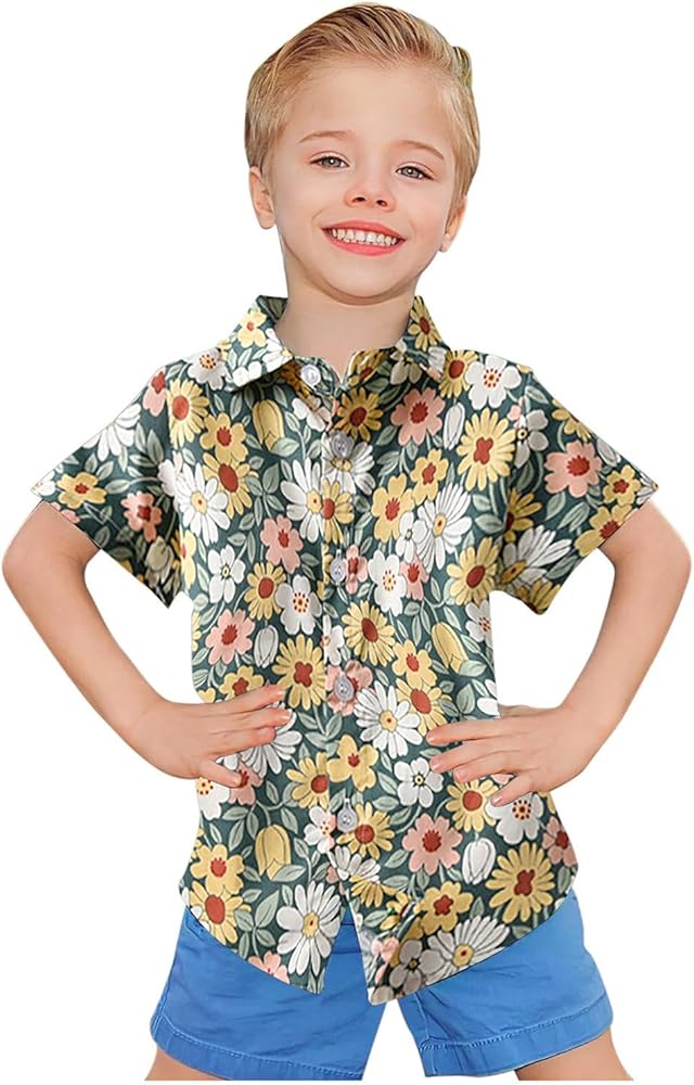 Toddlers Children Summer Tops Hawaii Beach Button Down Short Sleeve Shirts Boys Girls Summer Dressy Casual Tshirts