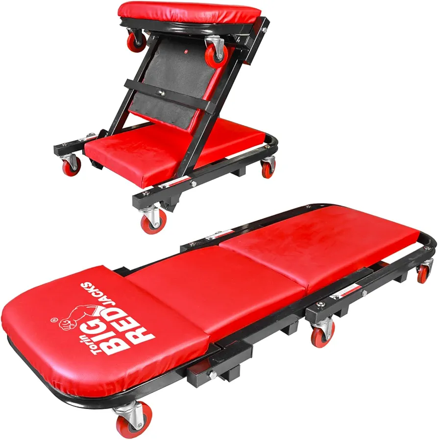 BIG RED ATW4015ZR Torin ，40" Foldable Z-Creeper Seat，2-in-1 Garage/Shop Creeper，330 lbs Capacity，Low Profile Creeper with 6 pcs Wheels for Auto Repair，Garage and Shop，Lay Down or Sit，Red