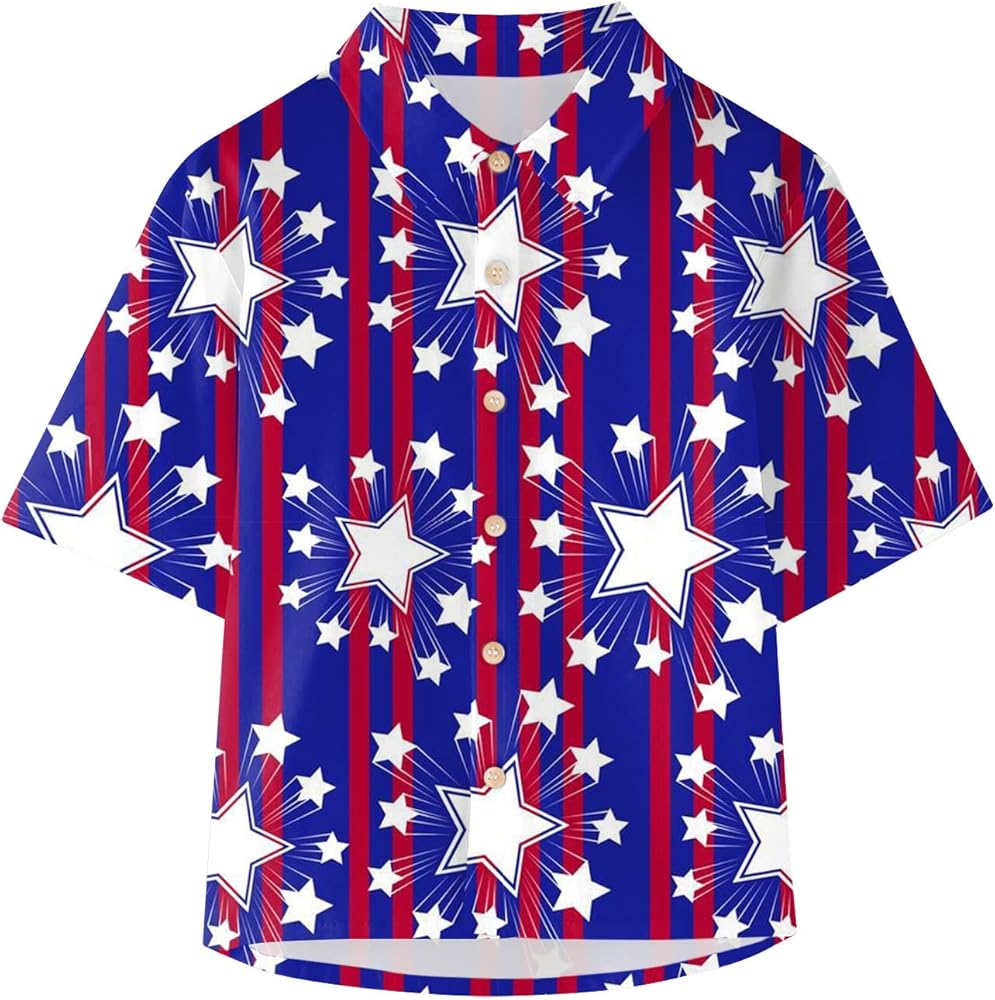 Toddler Boys Button Down Shirts Short Sleeve Botton Independence Day 4th of July Prints Kids Tops T Shirt