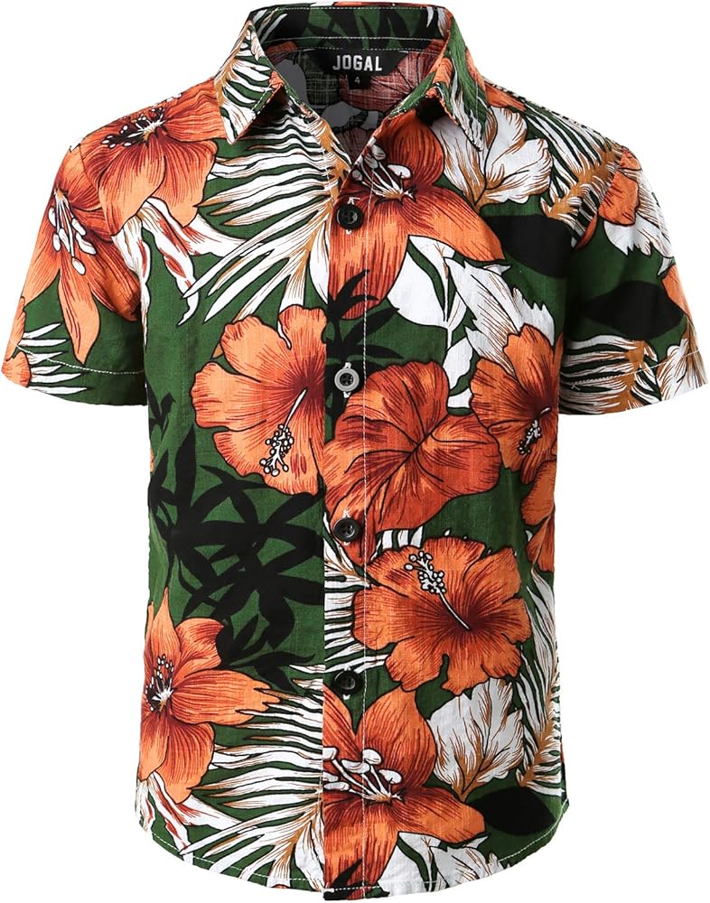 JOGAL Big Boy's Floral Casual Button Down Short Sleeve Hawaiian Shirt