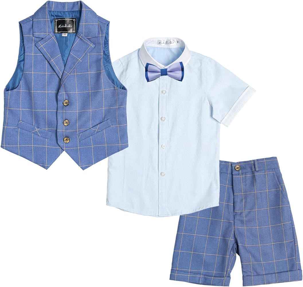 LOLANTA Boys Vest Tuxedo Suit Wedding Ring Bearer Outfits 4PCs Dress Clothes Vest Shirt Shorts Bow Tie