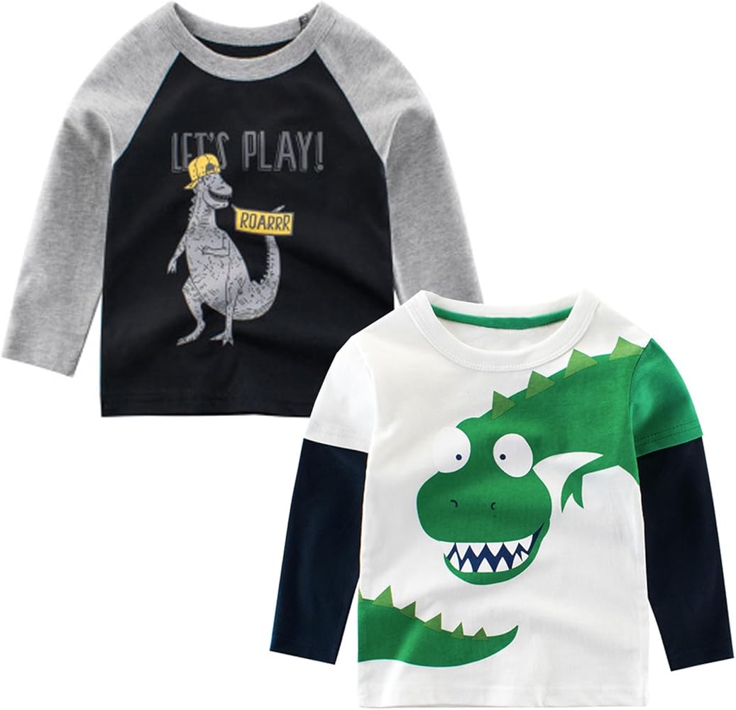 Toddler Boys Long Sleeve Shirts 100% Cotton T-Rex Dinosaur T-Shirts Multipacks