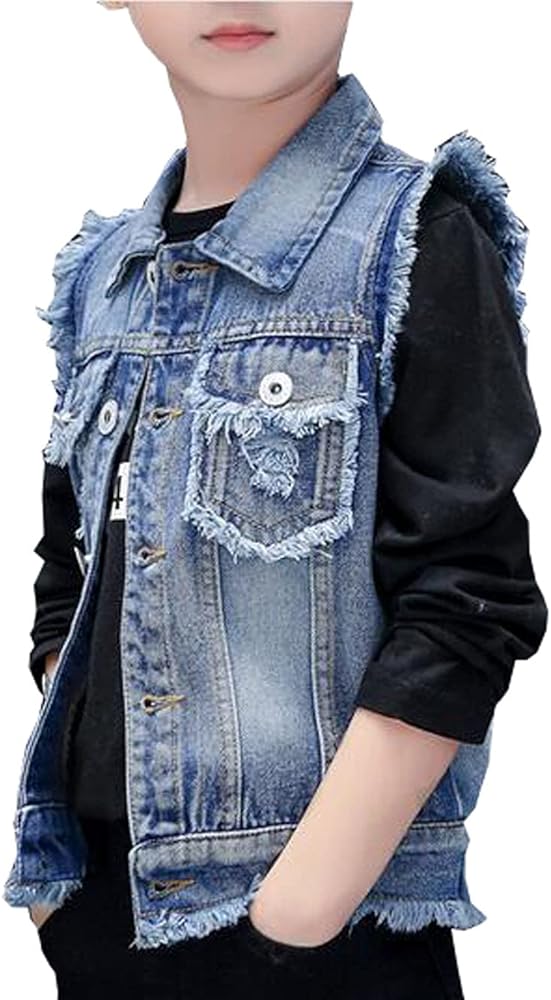 MYtodo Boy's Solid color Denim Vest Kids Casual Sleeveless Jean Jacket