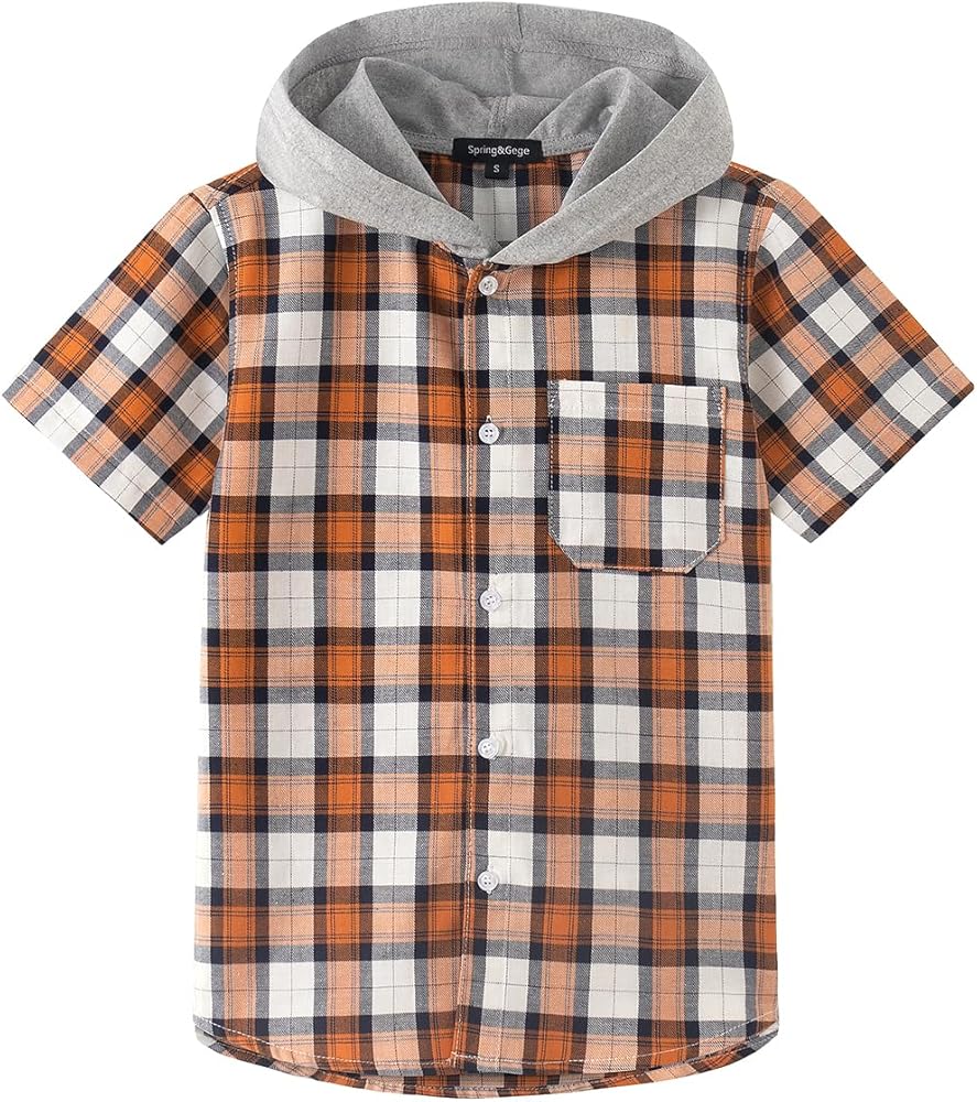 Spring&Gege Boys Hooded Shirt Short Sleeve Plaid Button Down Shirts (5-14 Years)