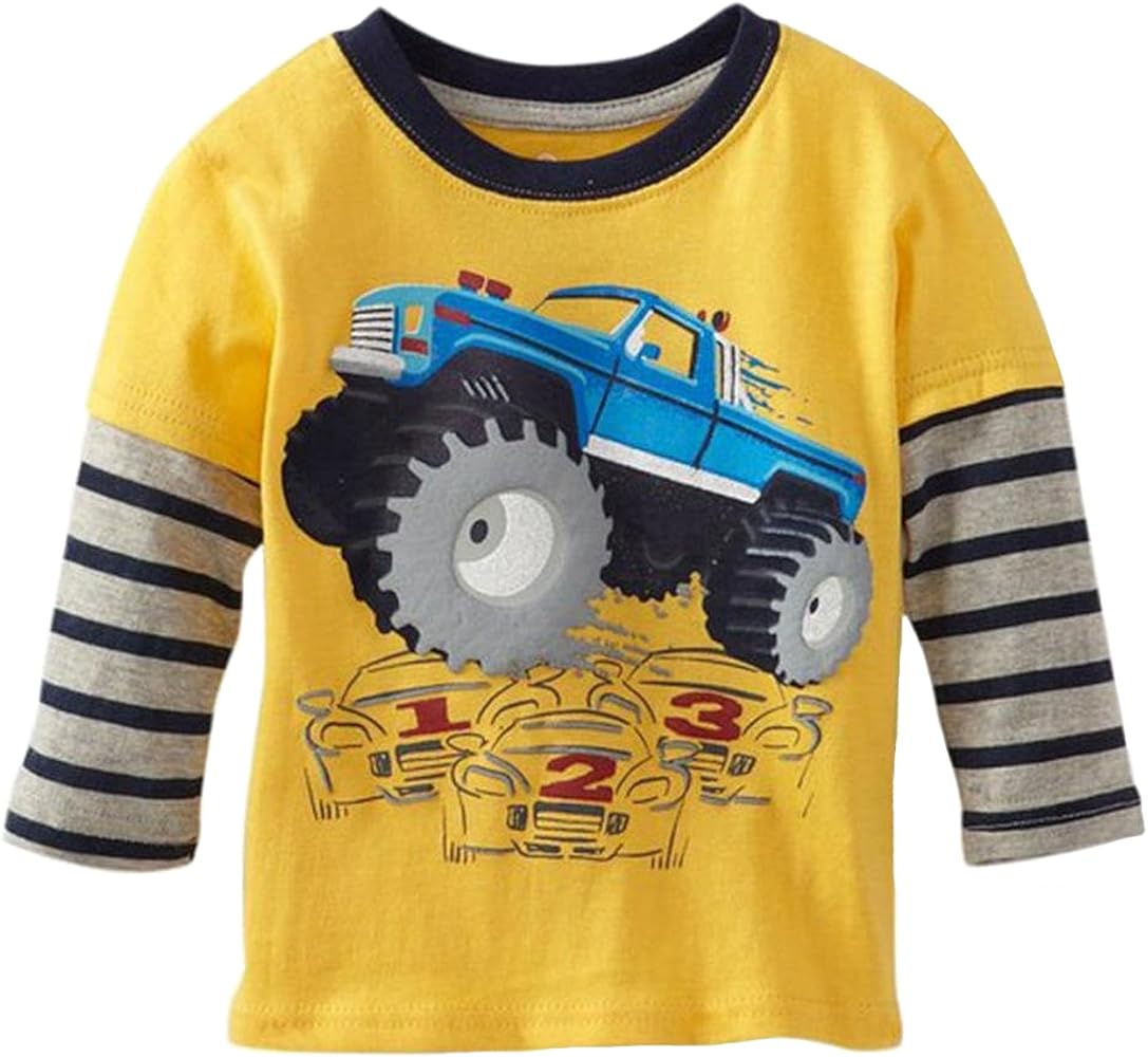 Toddler Boys Truck Shirts Kids Monter Truck Tshirts Long Sleeve Yellow