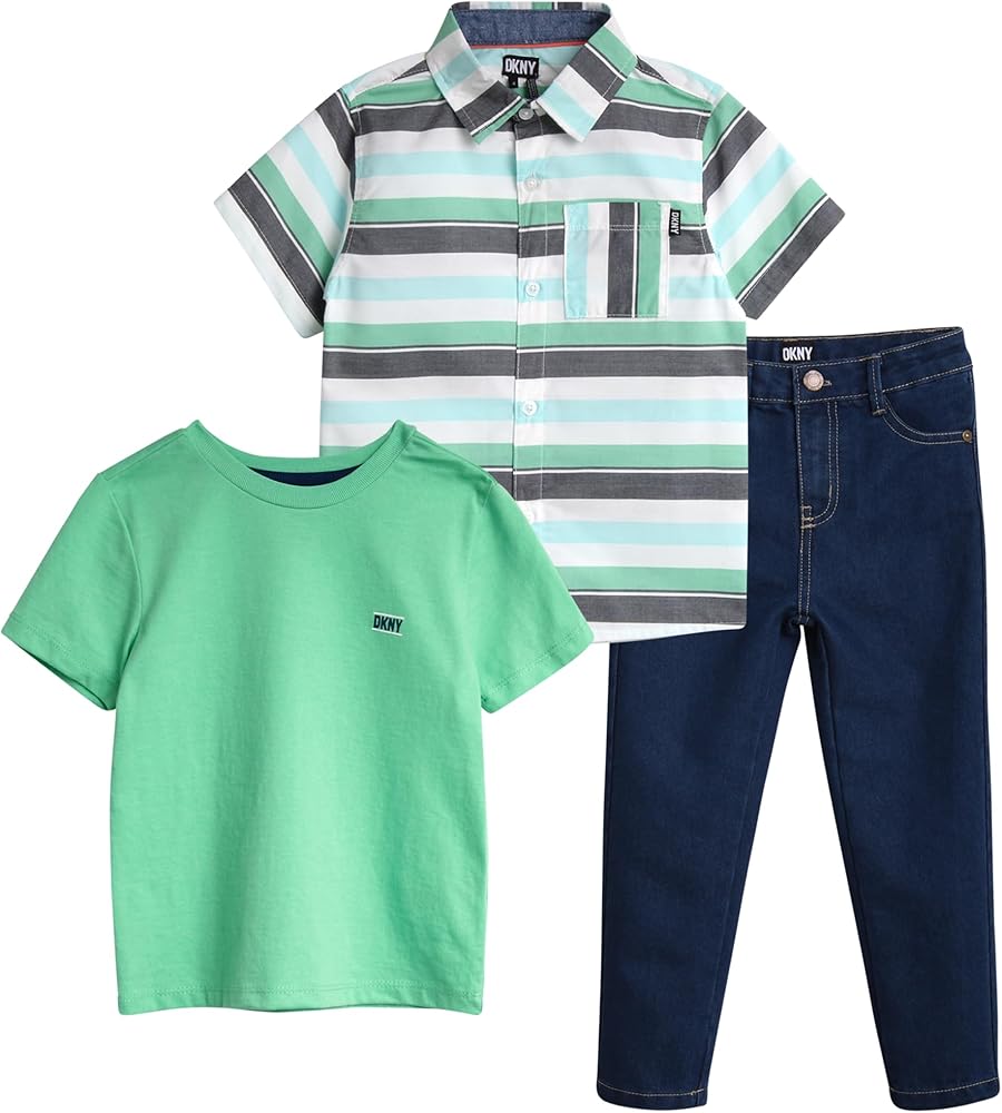 DKNY Boys' Pants Set - 3 Piece Short Sleeve Button Down Shirt, T-Shirt, and Denim Jeans - Outfit Set for Toddler Boys (2T-7)