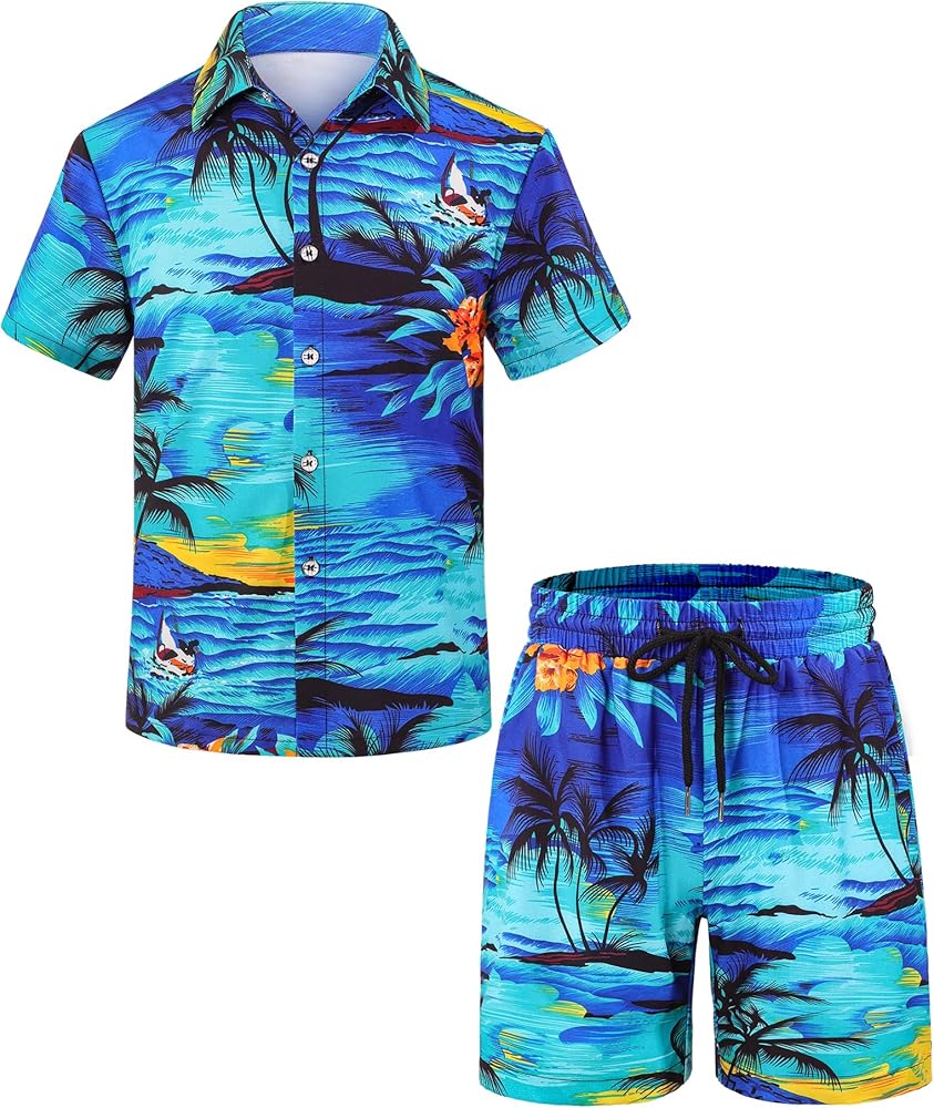 HASMES Boys Hawaiian Outfits Tropical Print Button Down Shirts and Short Sets for 5-12Y Kids