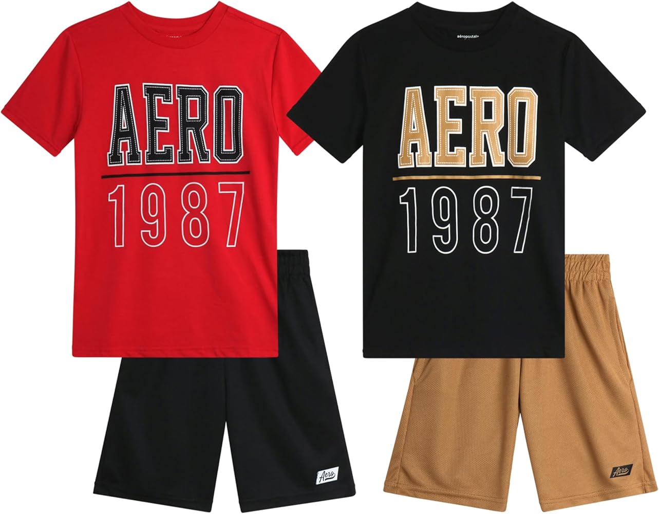 AEROPOSTALE Boys' Active Shorts Set - 4 Piece Short Sleeve T-Shirt and Mesh Gym Shorts - Activewear Outfit for Boys (4-12)