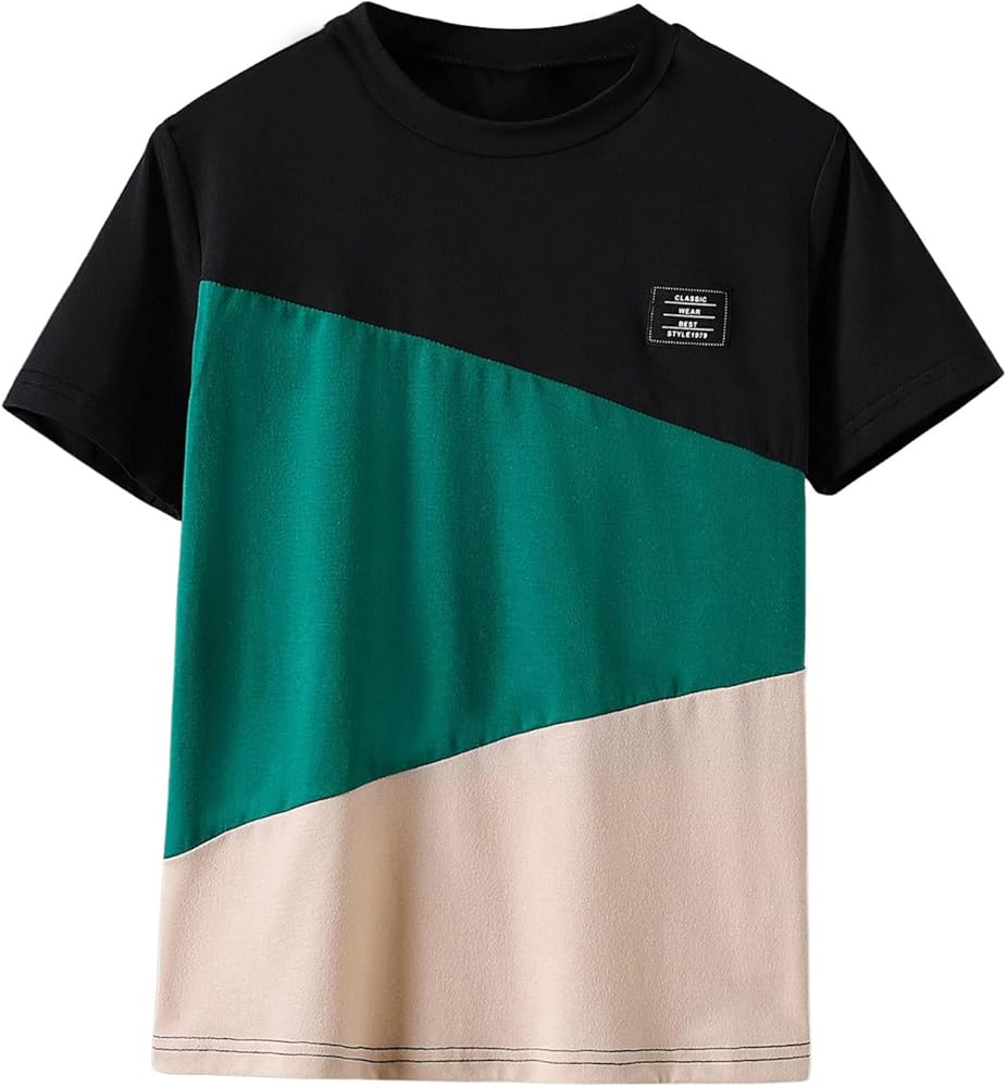 SweatyRocks Boy's Letter Tees Graphic Print Tops Color Block Crewneck Short Sleeve Casual T Shirts