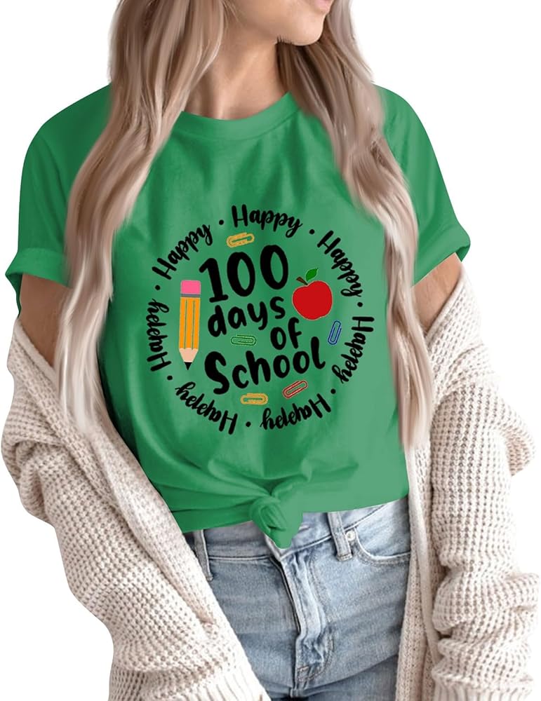 100 Days of School Shirt Womens Graphic Tshirts Funny Inspirational Teacher Shirt Novelty Short Sleeve Tee Top