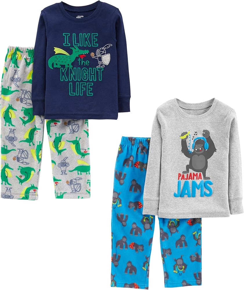 Simple Joys by Carter's Boys and Toddlers' 4-Piece Pajama Set (Cotton Top & Fleece Bottom)