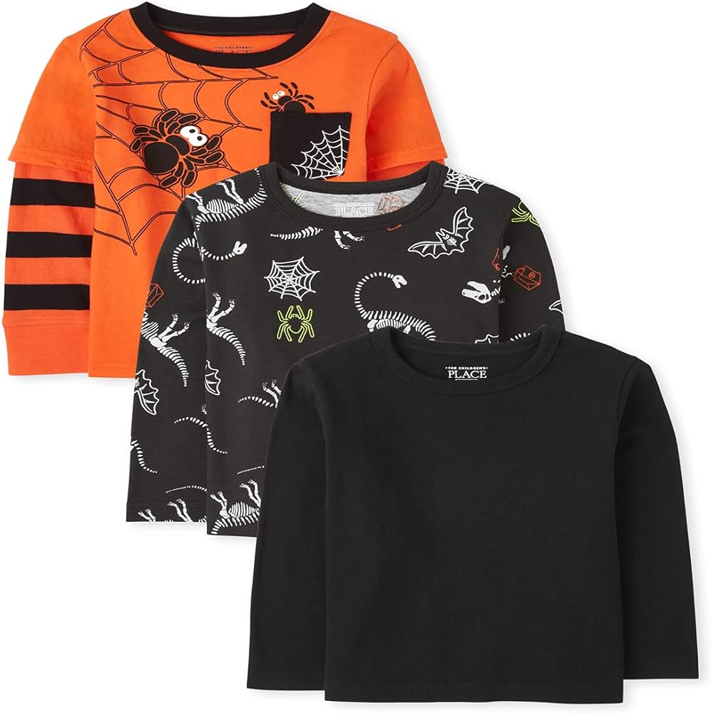 The Children's Place Baby Toddler Boy Long Sleeve Halloween Top 3-Pack, Multi CLR, 2T