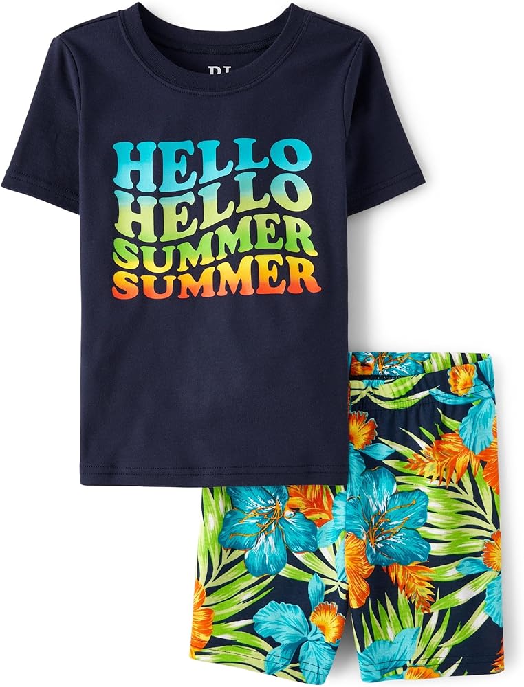 The Children's Place Boys Sleeve Top and Shorts Snug Fit 100% Cotton 2 Piece Pajama Set, Hello Summer Vibes