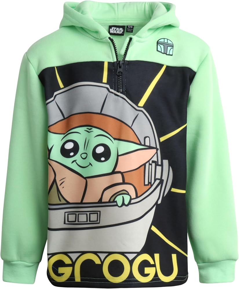 STAR WARS Boys' Sweatshirt - Mandalorian Baby Yoda 1/4 Zip Fleece Pullover Hoodie Sweatshirt - Grogu Pullover for Boys (2T-7)