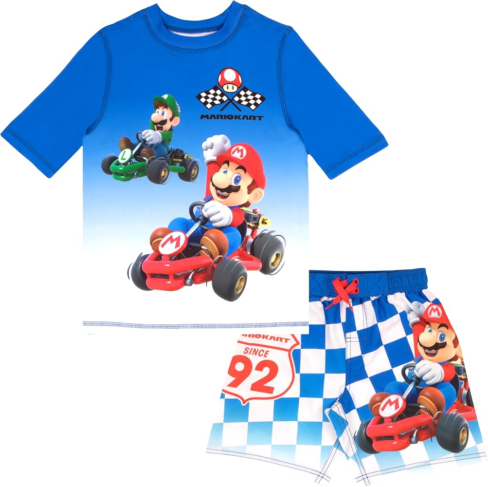 Nintendo Boys Swimsuit and Rashguard Shirt Set, Super Mario Kart Swim Trunks and Rashguard Shirt for Boys