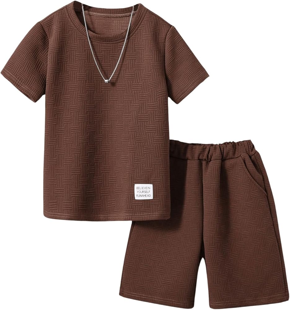 Verdusa Boy's 2 Piece Outfits Textured Crew Neck Short Sleeve Tee Top and Shorts Sets