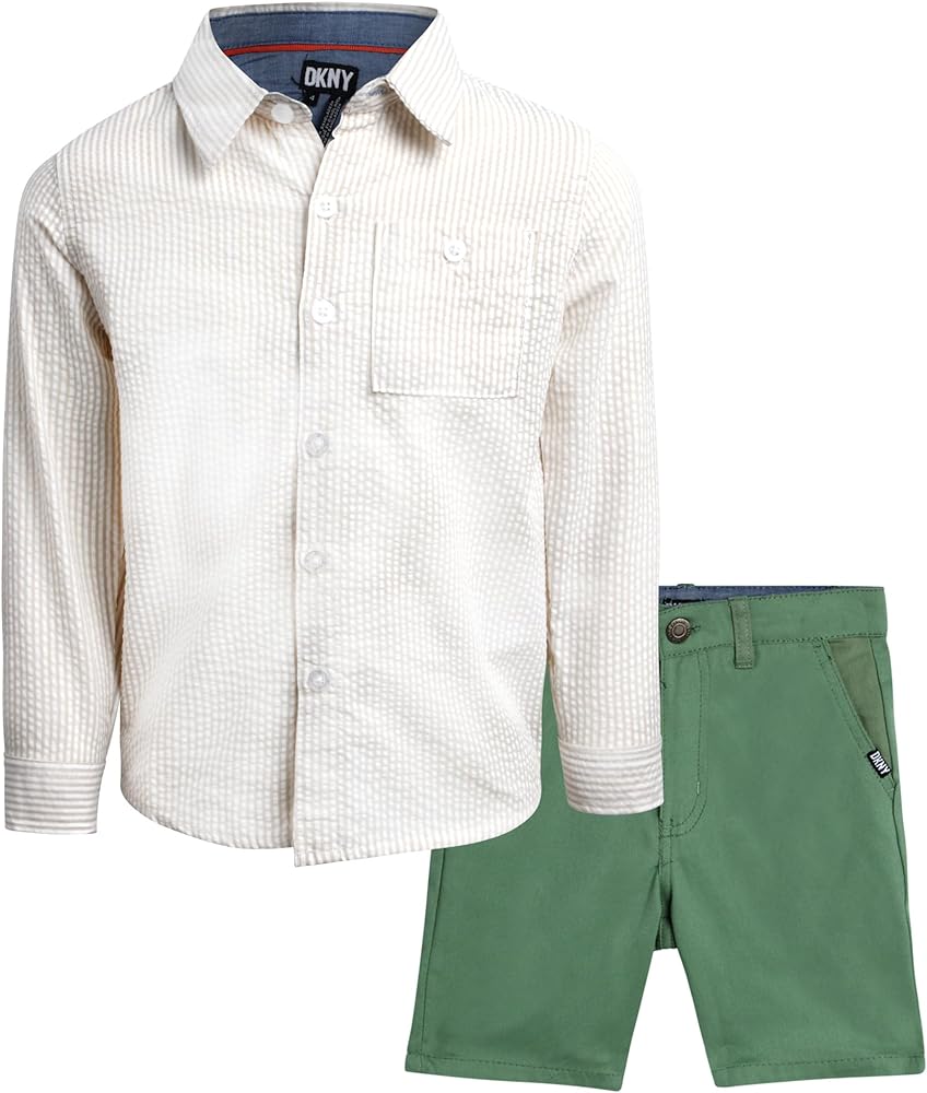 DKNY Boys' Shorts Set - 2 Piece Button Down Shirt and Khaki Shorts - Summer Outfit Set for Toddler Boys (2T-7)