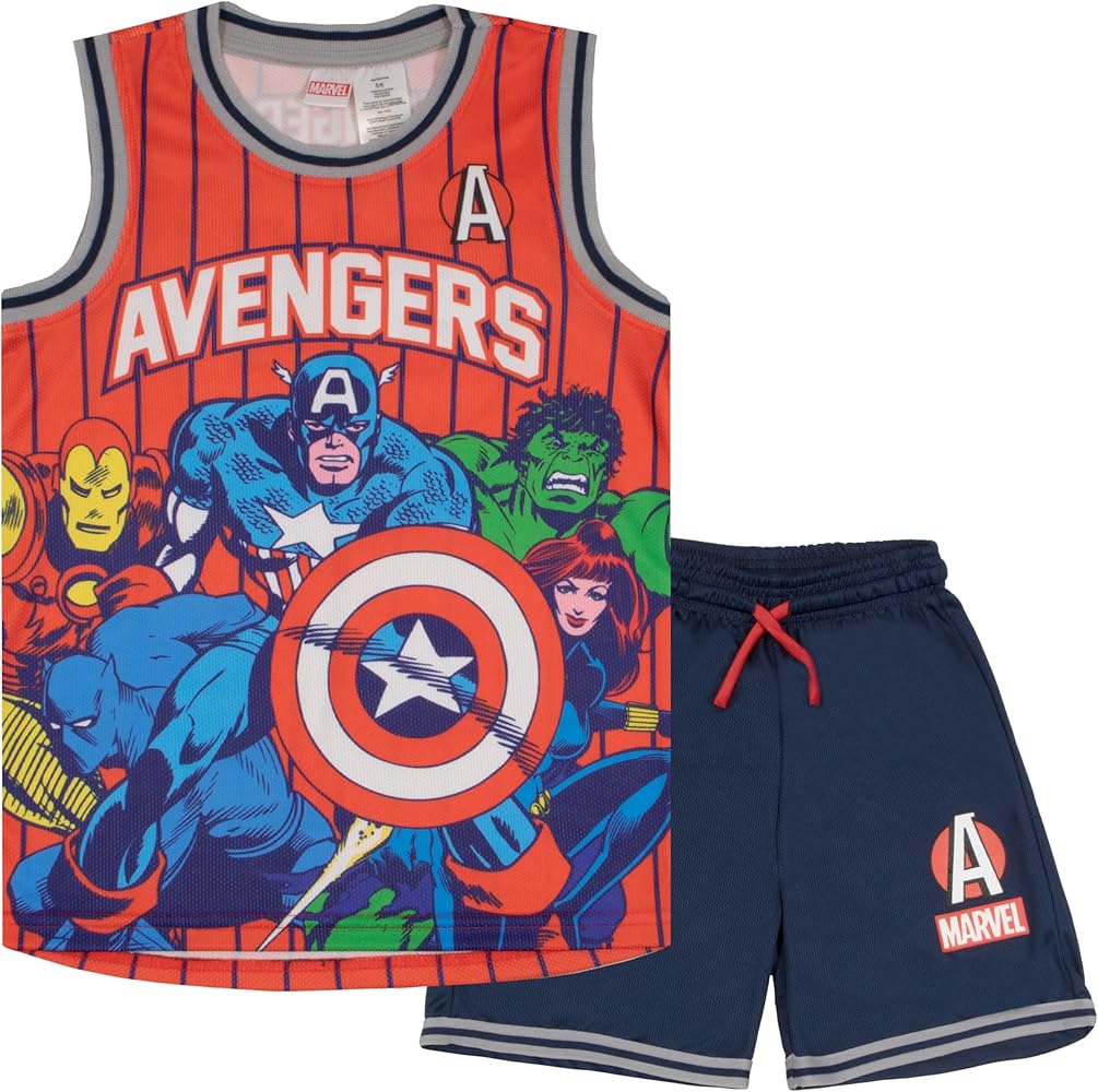 Marvel Avengers and Spider-Man Boys Basketball Sleeveless Shirt & Shorts, Superheroes 2-Piece Outfit Set for Kids